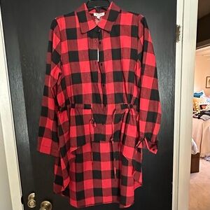 Red and Black Buffalo Plaid High-Low Button Shirt